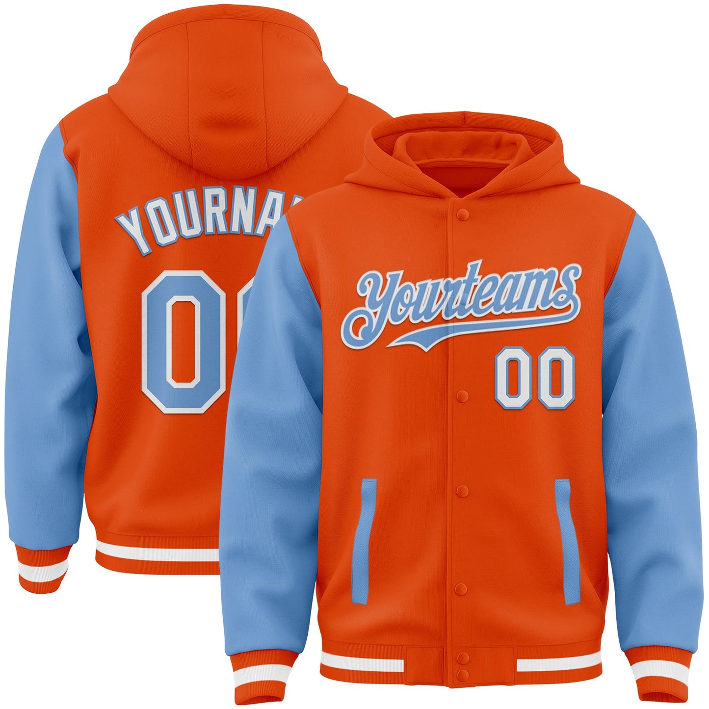 Custom Orange Light Blue-White Bomber Full-Snap Varsity Letterman Two Tone Hoodie Jacket - Main View
