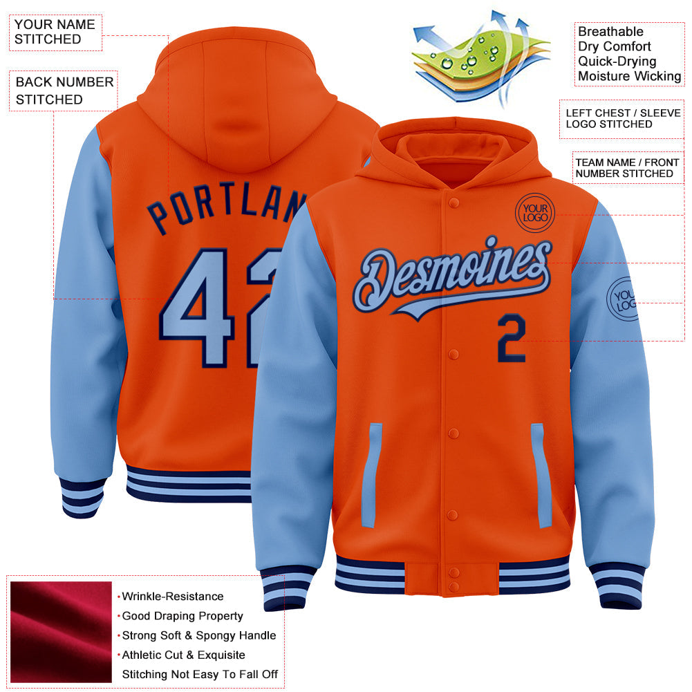 Custom Orange Light Blue-Navy Bomber Full-Snap Varsity Letterman Two Tone Hoodie Jacket view 3