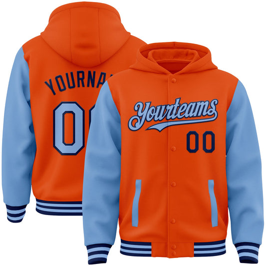 Custom Orange Light Blue-Navy Bomber Full-Snap Varsity Letterman Two Tone Hoodie Jacket - Main View