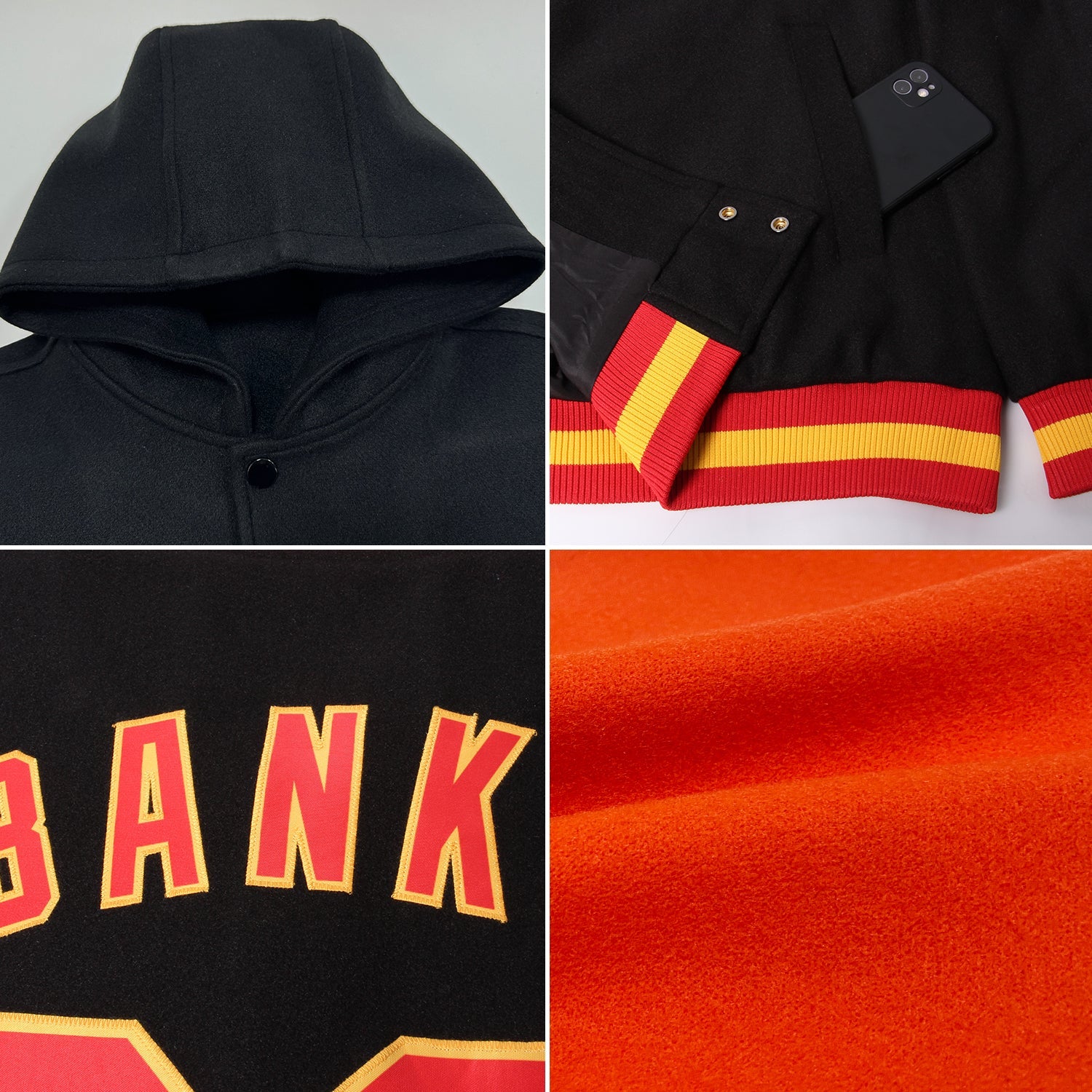 Custom Orange Olive-White Bomber Full-Snap Varsity Letterman Two Tone Hoodie Jacket view 2