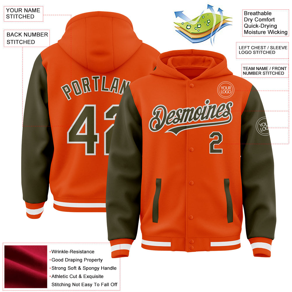 Custom Orange Olive-White Bomber Full-Snap Varsity Letterman Two Tone Hoodie Jacket view 3