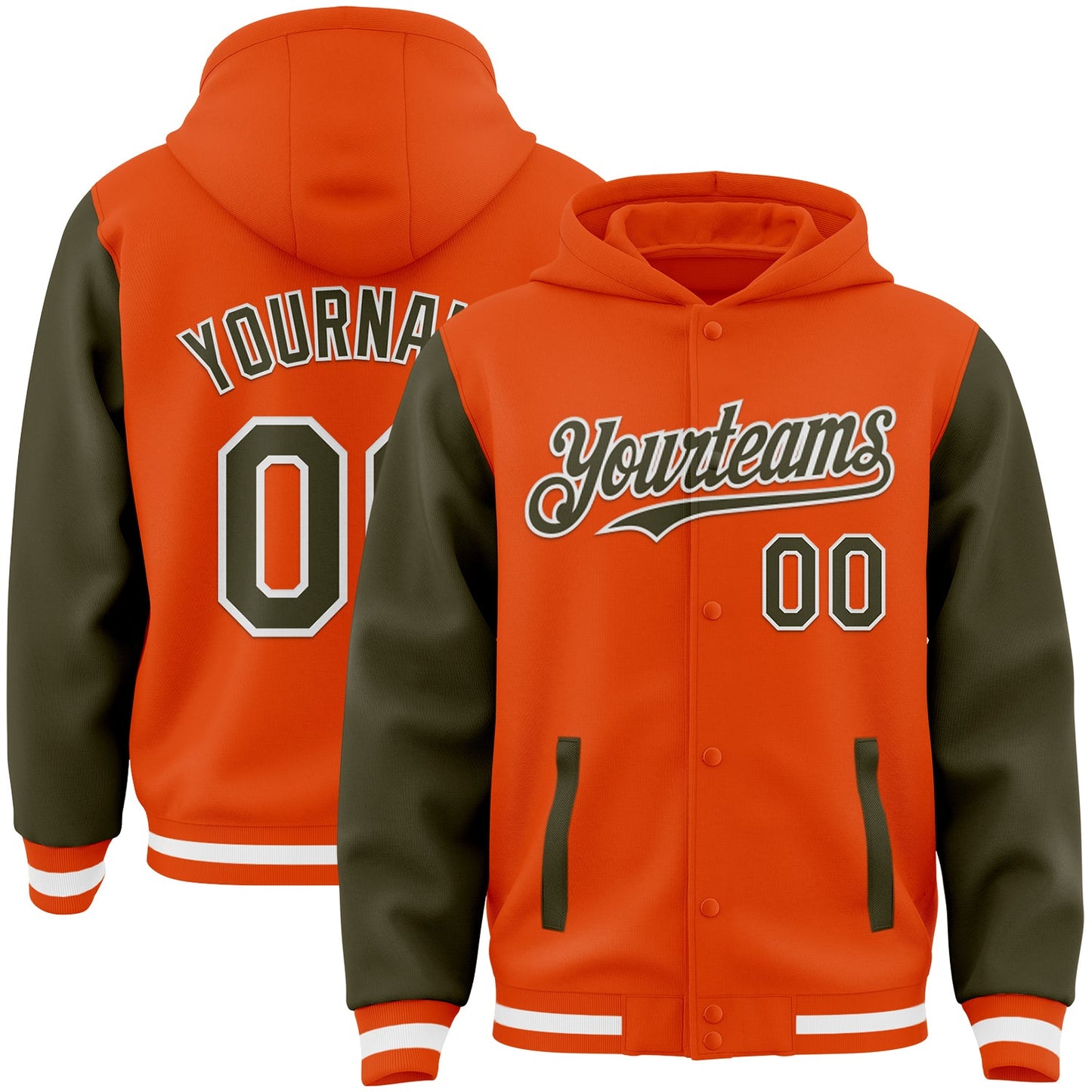 Custom Orange Olive-White Bomber Full-Snap Varsity Letterman Two Tone Hoodie Jacket - Main View