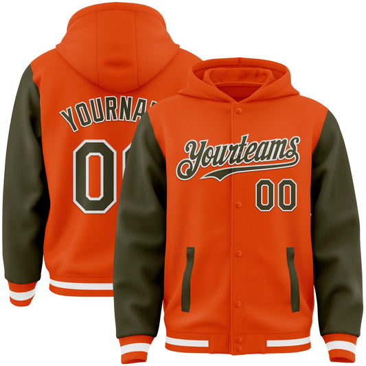 Custom Orange Olive-White Bomber Full-Snap Varsity Letterman Two Tone Hoodie Jacket - Main View