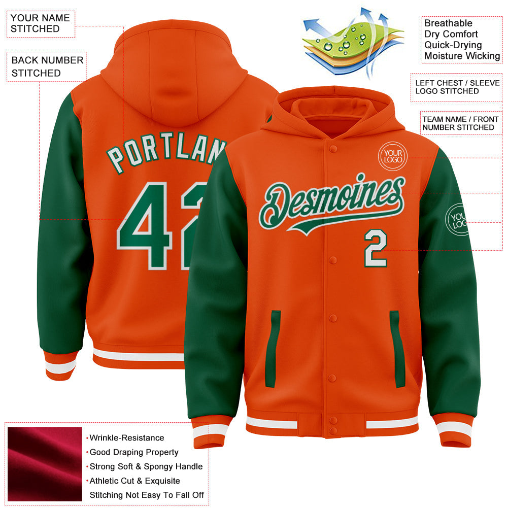 Custom Orange Kelly Green-White Bomber Full-Snap Varsity Letterman Two Tone Hoodie Jacket view 3
