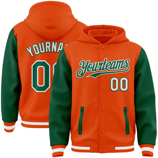 Custom Orange Kelly Green-White Bomber Full-Snap Varsity Letterman Two Tone Hoodie Jacket - Main View