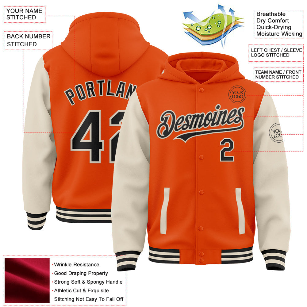 Custom Orange Black-Cream Bomber Full-Snap Varsity Letterman Two Tone Hoodie Jacket view 3