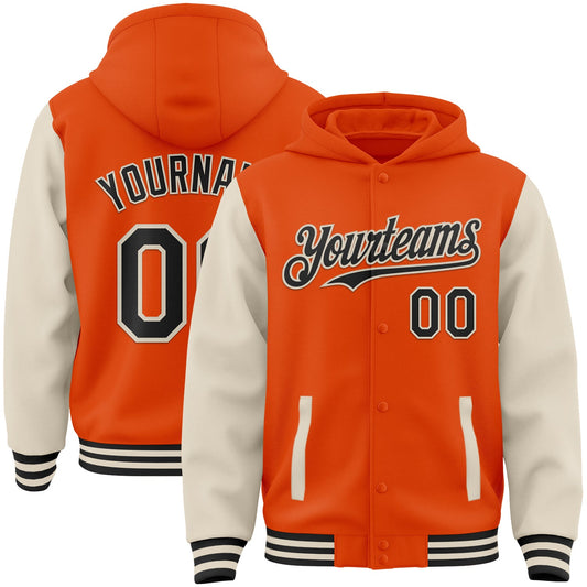 Custom Orange Black-Cream Bomber Full-Snap Varsity Letterman Two Tone Hoodie Jacket - Main View