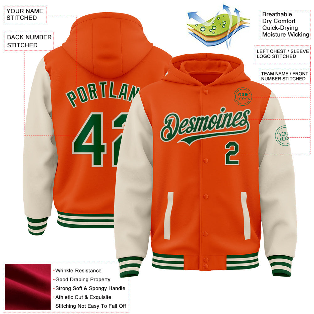 Custom Orange Green-Cream Bomber Full-Snap Varsity Letterman Two Tone Hoodie Jacket view 3