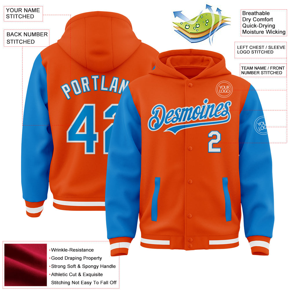 Custom Orange Powder Blue-White Bomber Full-Snap Varsity Letterman Two Tone Hoodie Jacket view 3