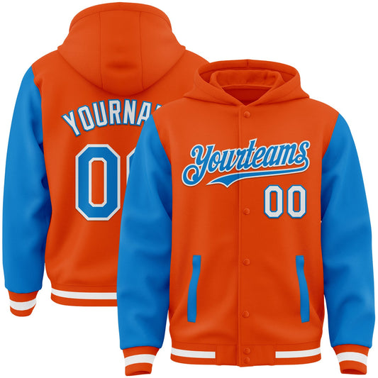 Custom Orange Powder Blue-White Bomber Full-Snap Varsity Letterman Two Tone Hoodie Jacket - Main View