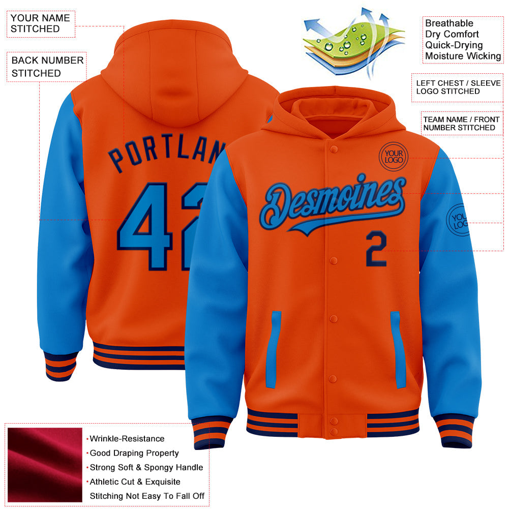 Custom Orange Powder Blue-Navy Bomber Full-Snap Varsity Letterman Two Tone Hoodie Jacket view 3