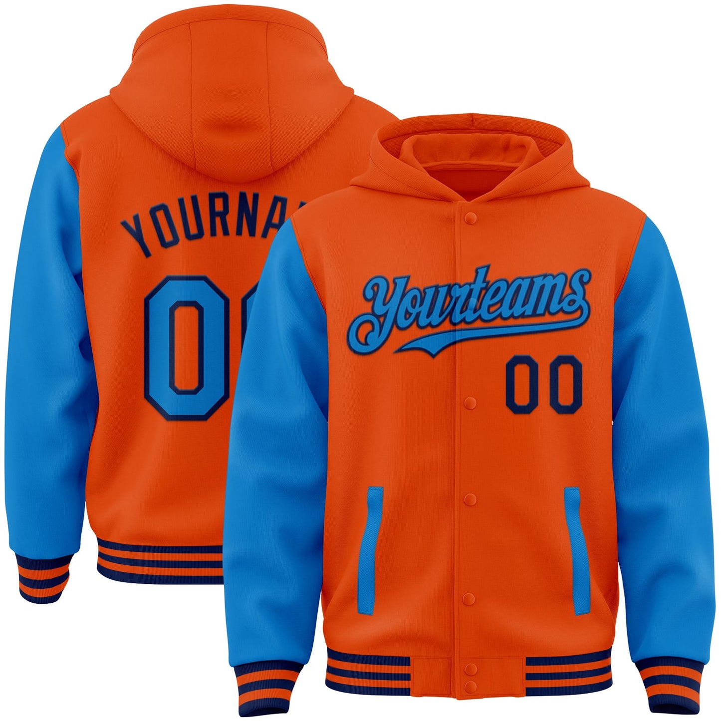 Custom Orange Powder Blue-Navy Bomber Full-Snap Varsity Letterman Two Tone Hoodie Jacket - Main View