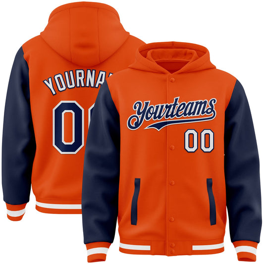 Custom Orange Navy-White Bomber Full-Snap Varsity Letterman Two Tone Hoodie Jacket - Main View