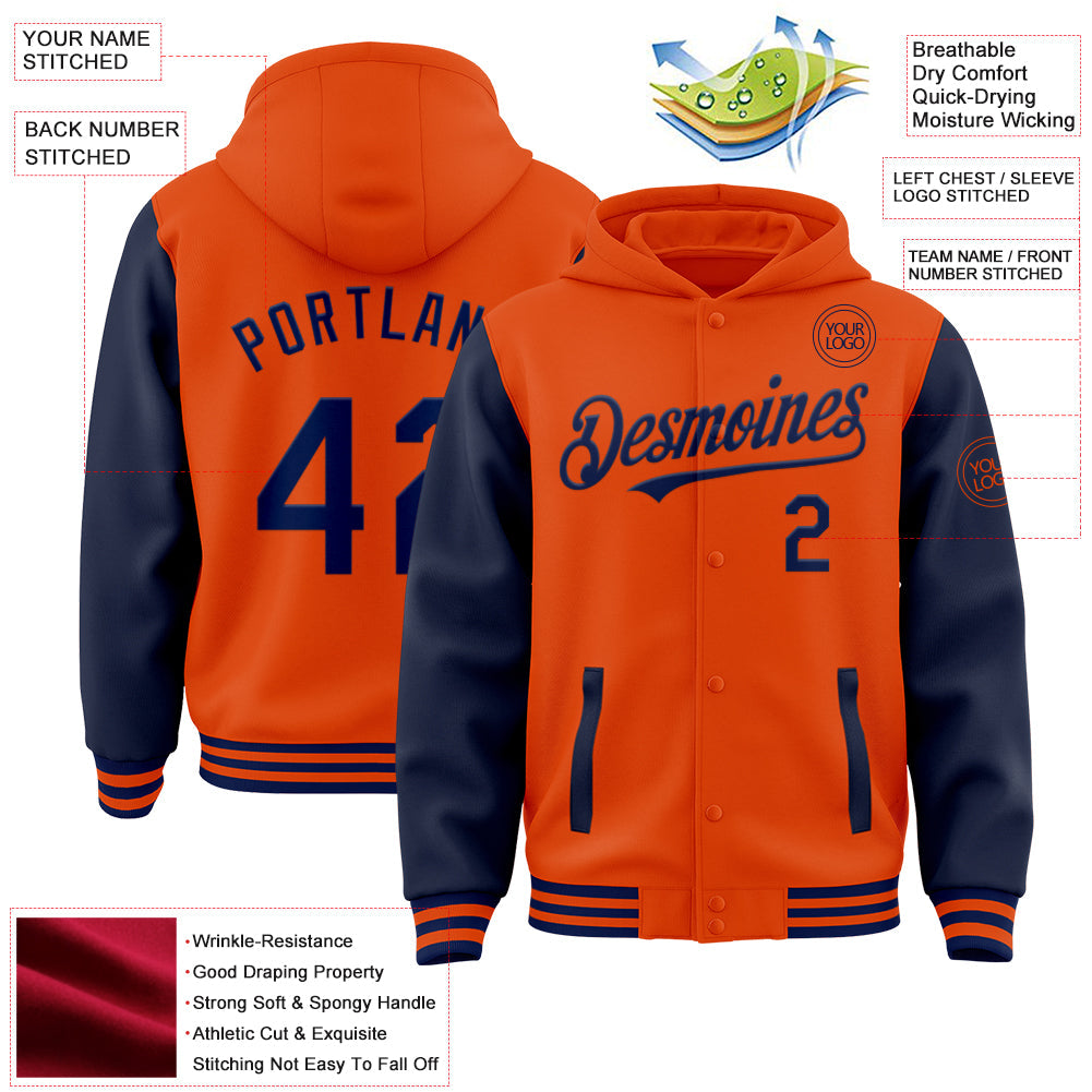 Custom Orange Navy Bomber Full-Snap Varsity Letterman Two Tone Hoodie Jacket view 3