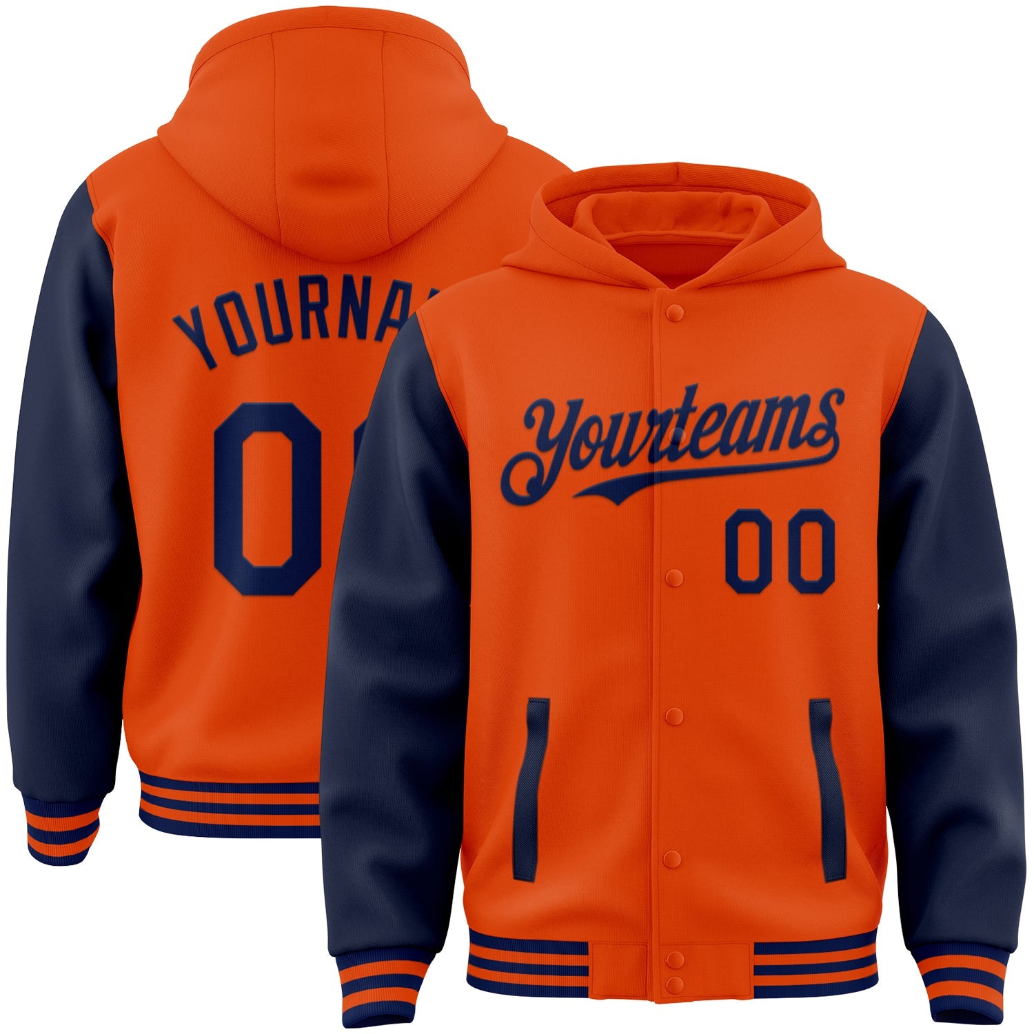 Custom Orange Navy Bomber Full-Snap Varsity Letterman Two Tone Hoodie Jacket - Main View