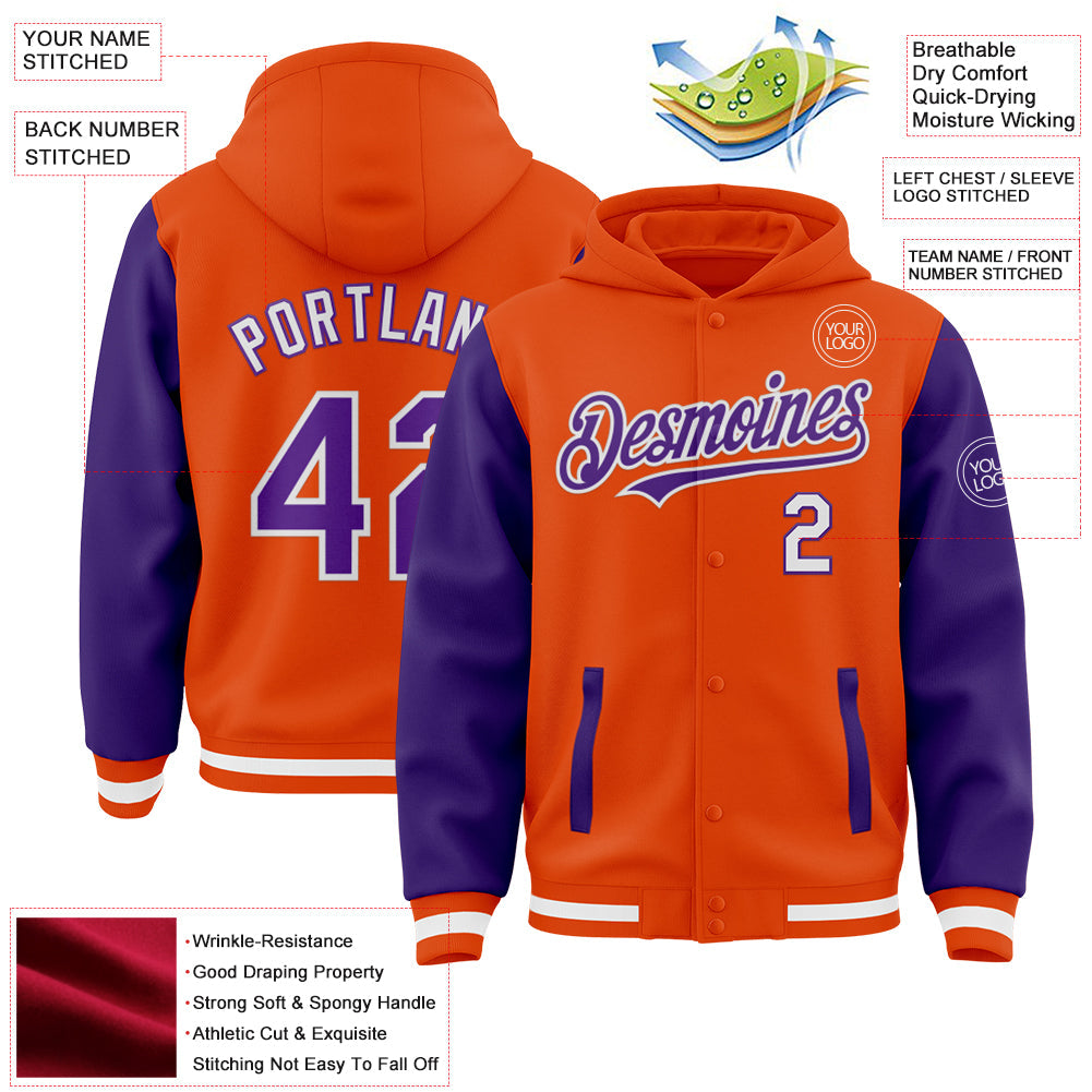 Custom Orange Purple-White Bomber Full-Snap Varsity Letterman Two Tone Hoodie Jacket view 3