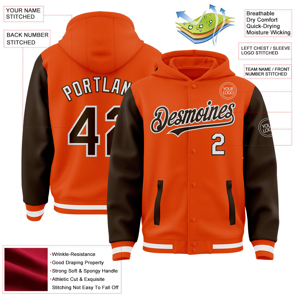 Custom Orange Brown-White Bomber Full-Snap Varsity Letterman Two Tone Hoodie Jacket view 3