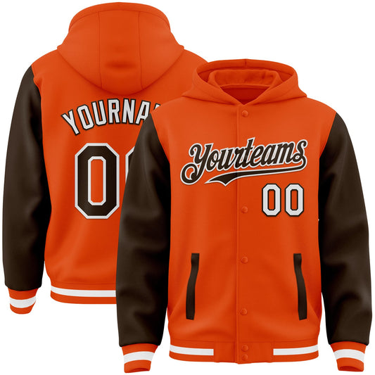 Custom Orange Brown-White Bomber Full-Snap Varsity Letterman Two Tone Hoodie Jacket - Main View