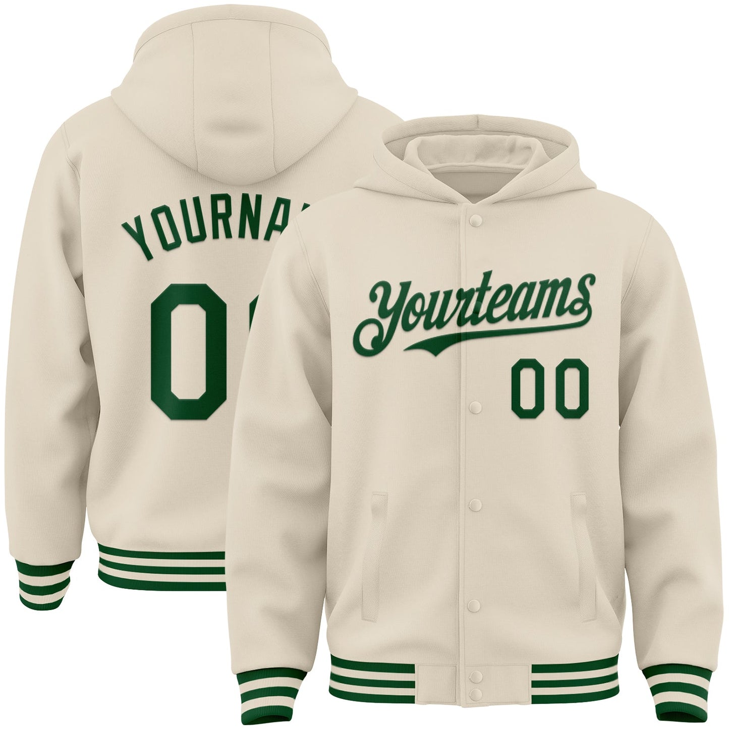 Custom Cream Green Bomber Full-Snap Varsity Letterman Hoodie Jacket - Main View