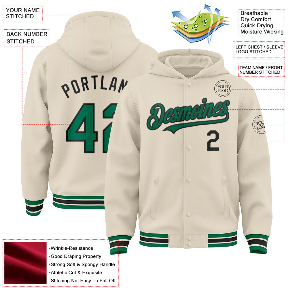 Custom Cream Kelly Green-Black Bomber Full-Snap Varsity Letterman Hoodie Jacket view 3
