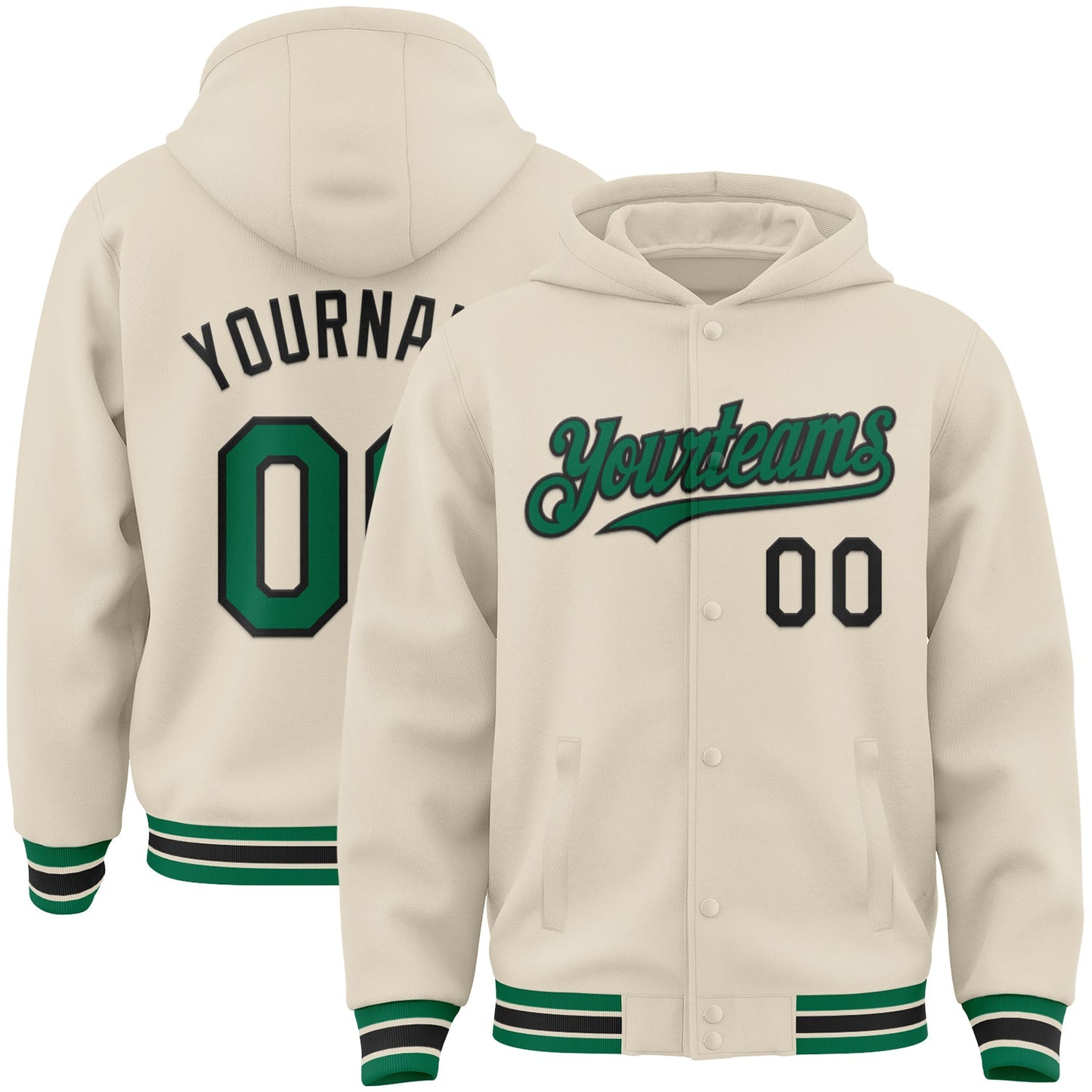 Custom Cream Kelly Green-Black Bomber Full-Snap Varsity Letterman Hoodie Jacket - Main View