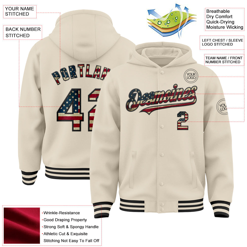 Custom Cream Vintage USA Flag-Black Bomber Full-Snap Varsity Letterman Hoodie Jacket view 3