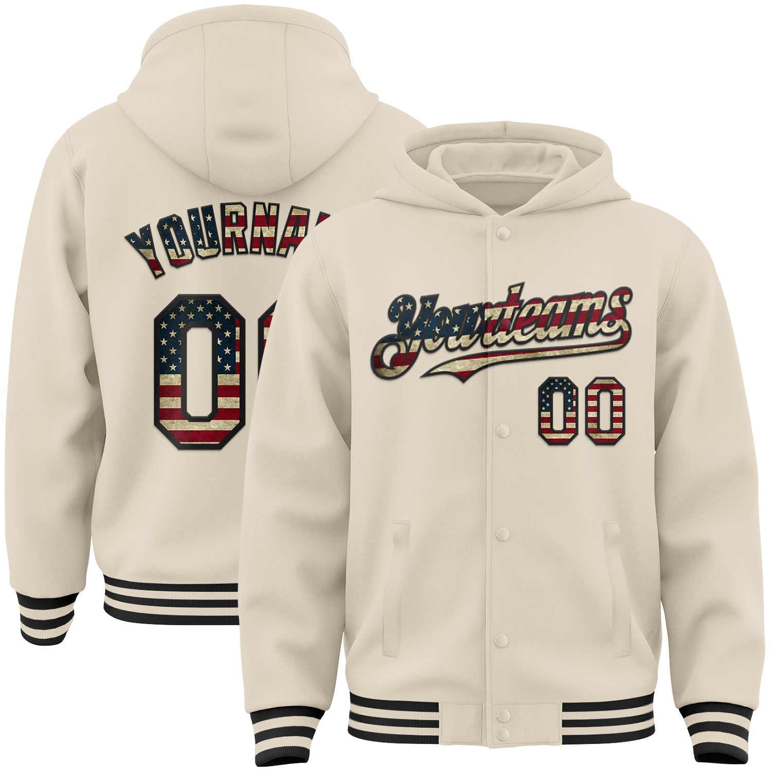 Custom Cream Vintage USA Flag-Black Bomber Full-Snap Varsity Letterman Hoodie Jacket - Main View