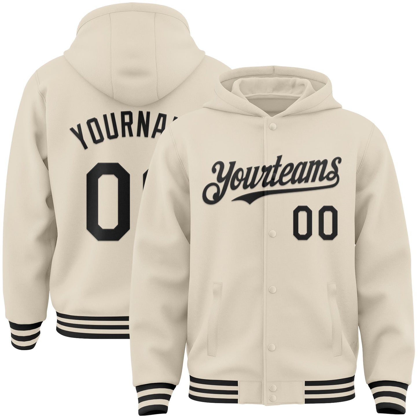 Custom Cream Black Bomber Full-Snap Varsity Letterman Hoodie Jacket - Main View