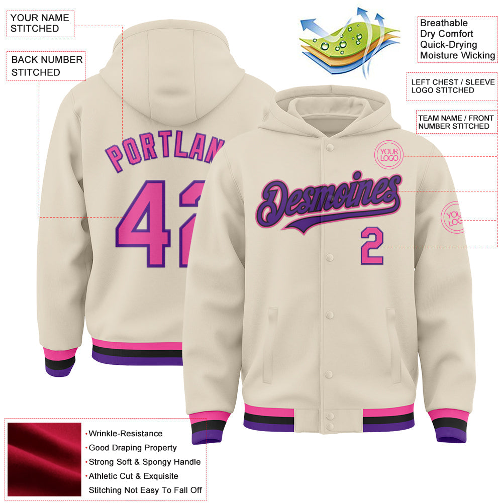 Custom Cream Pink Purple-Black Bomber Full-Snap Varsity Letterman Hoodie Jacket view 3