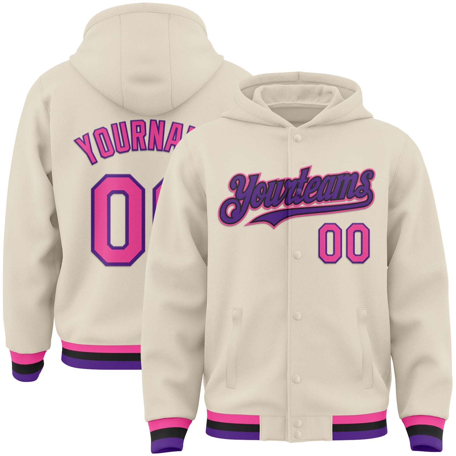 Custom Cream Pink Purple-Black Bomber Full-Snap Varsity Letterman Hoodie Jacket - Main View