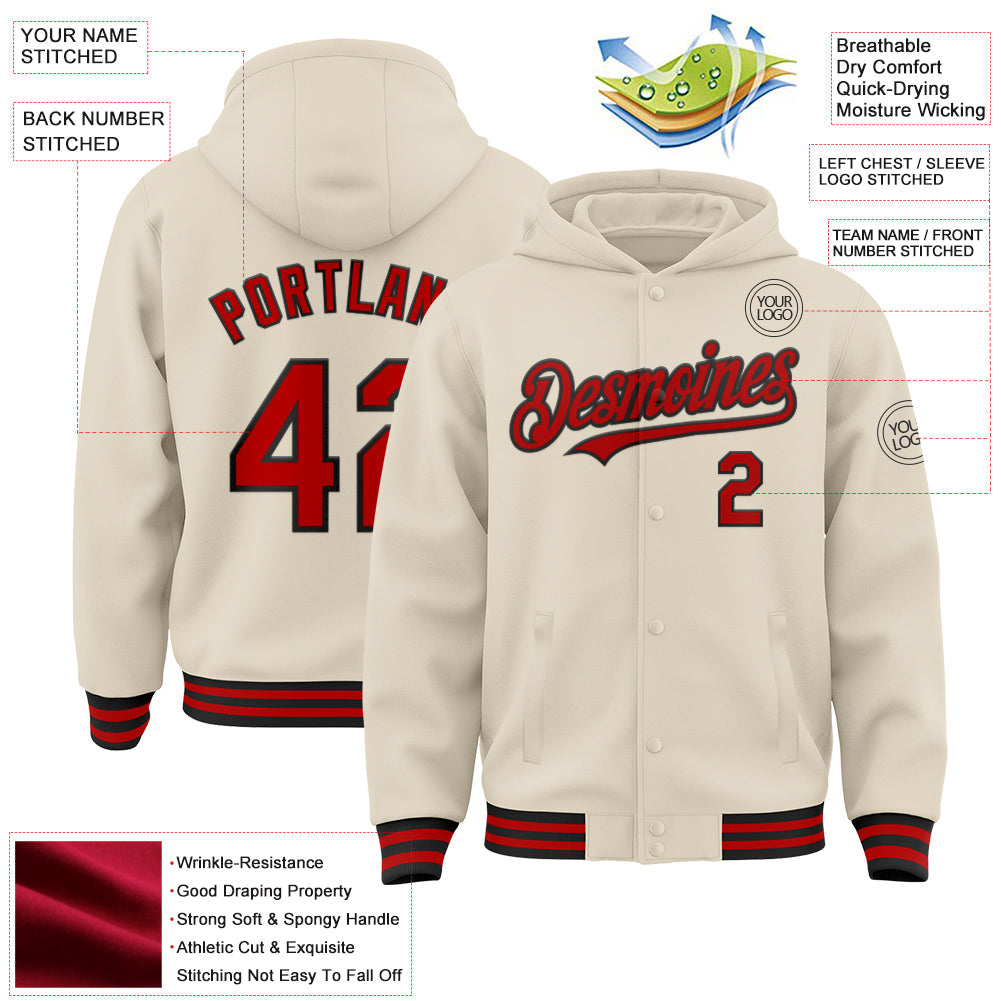 Custom Cream Red-Black Bomber Full-Snap Varsity Letterman Hoodie Jacket view 3