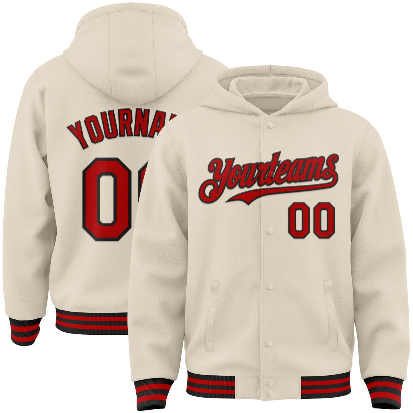 Custom Cream Red-Black Bomber Full-Snap Varsity Letterman Hoodie Jacket - Main View