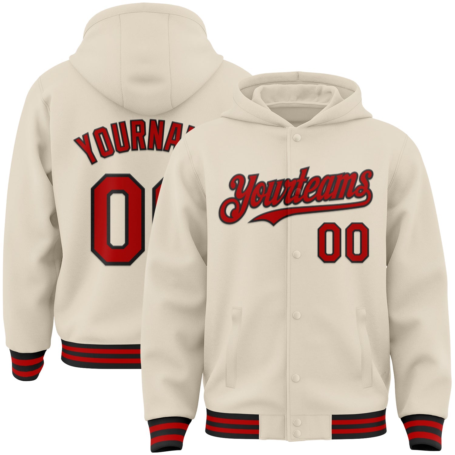 Custom Cream Red-Black Bomber Full-Snap Varsity Letterman Hoodie Jacket - Main View