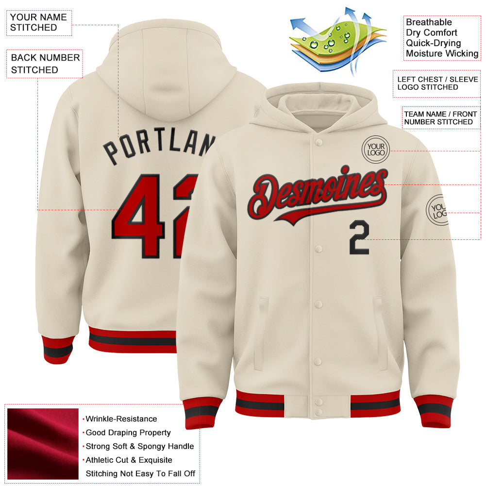 Custom Cream Red-Black Bomber Full-Snap Varsity Letterman Hoodie Jacket view 3
