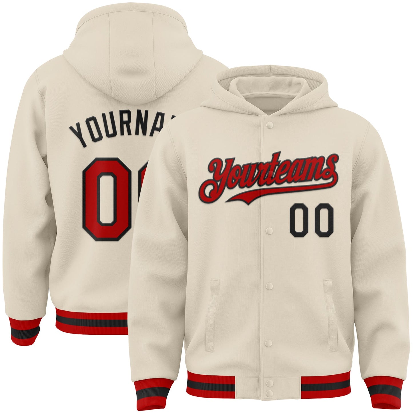 Custom Cream Red-Black Bomber Full-Snap Varsity Letterman Hoodie Jacket - Main View