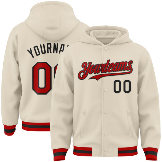 Custom Cream Red-Black Bomber Full-Snap Varsity Letterman Hoodie Jacket - Main View