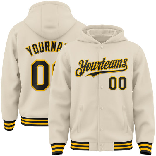 Custom Cream Black-Gold Bomber Full-Snap Varsity Letterman Hoodie Jacket - Main View