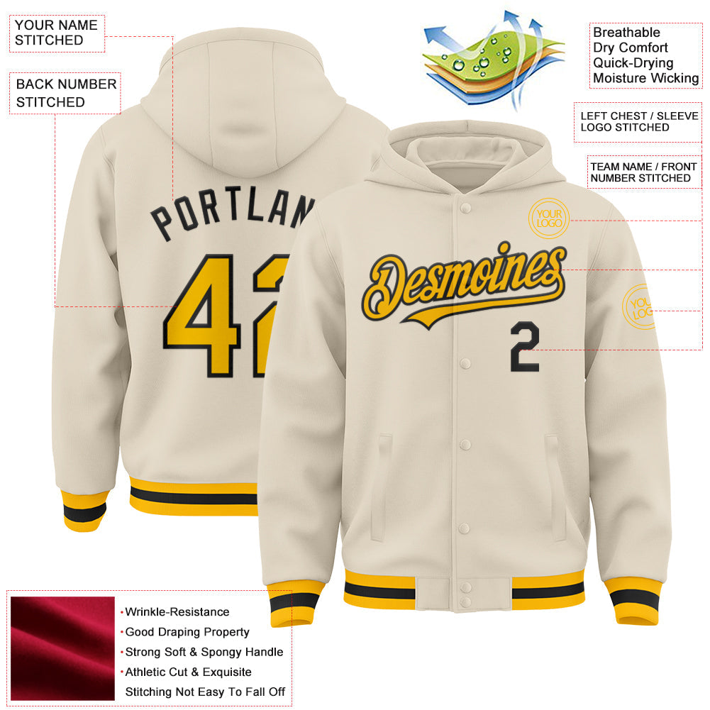 Custom Cream Gold-Black Bomber Full-Snap Varsity Letterman Hoodie Jacket view 3