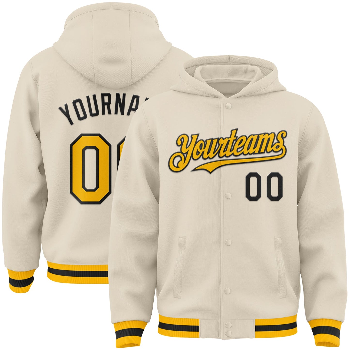Custom Cream Gold-Black Bomber Full-Snap Varsity Letterman Hoodie Jacket - Main View