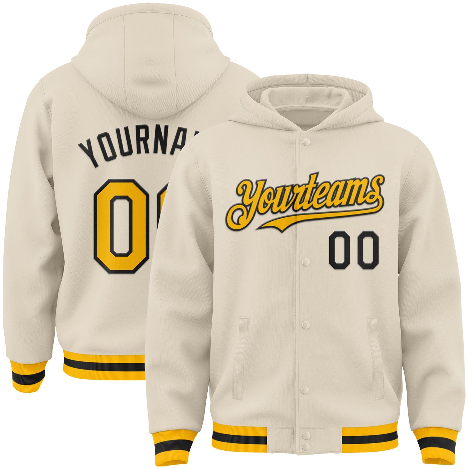 Custom Cream Gold-Black Bomber Full-Snap Varsity Letterman Hoodie Jacket - Main View