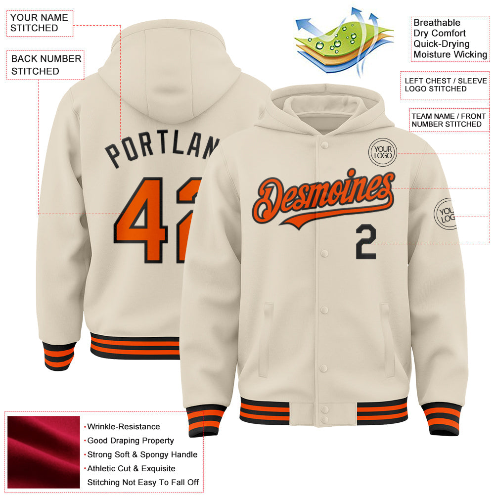 Custom Cream Orange-Black Bomber Full-Snap Varsity Letterman Hoodie Jacket view 3