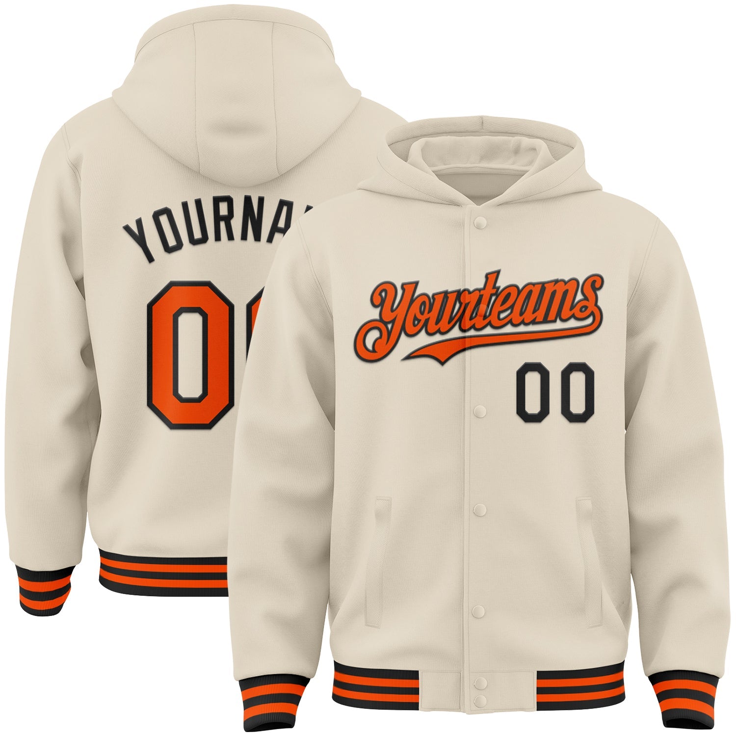 Custom Cream Orange-Black Bomber Full-Snap Varsity Letterman Hoodie Jacket - Main View