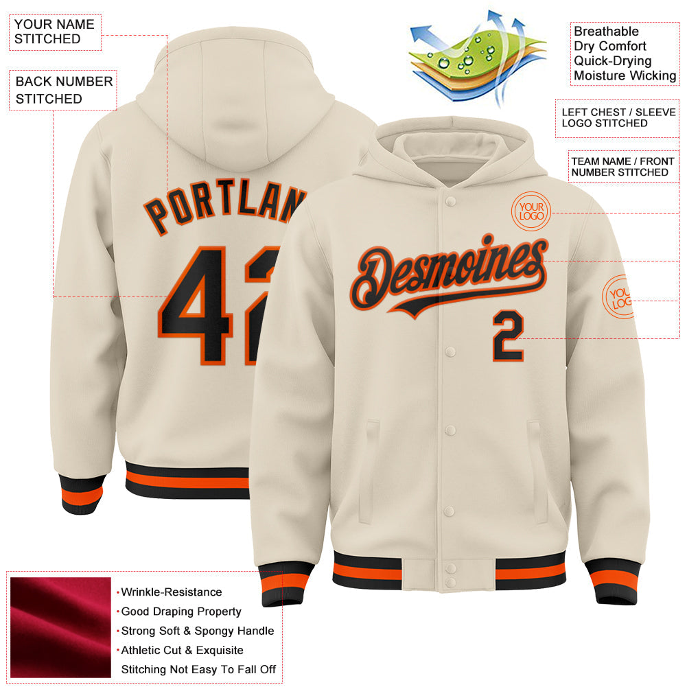 Custom Cream Black-Orange Bomber Full-Snap Varsity Letterman Hoodie Jacket view 3