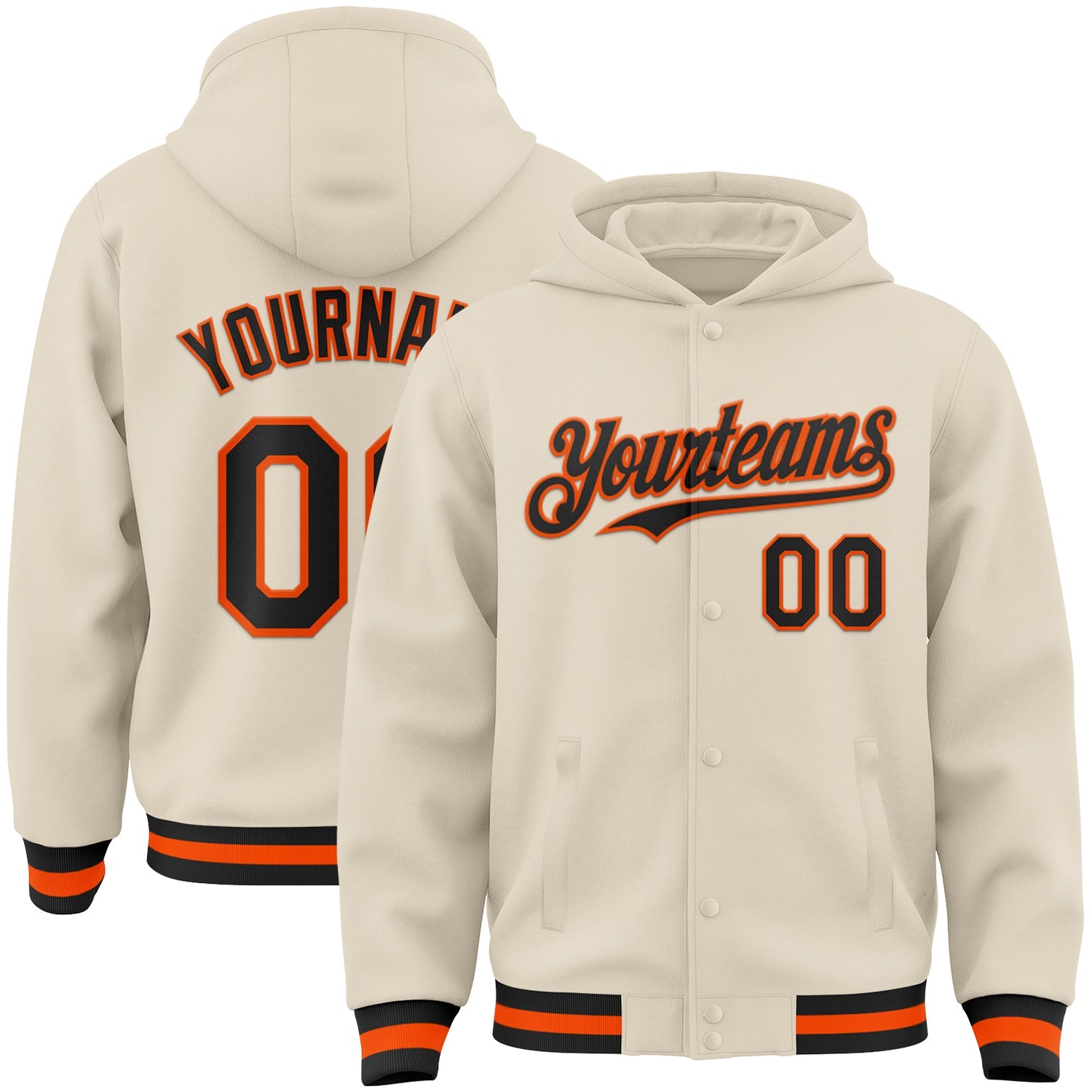 Custom Cream Black-Orange Bomber Full-Snap Varsity Letterman Hoodie Jacket - Main View