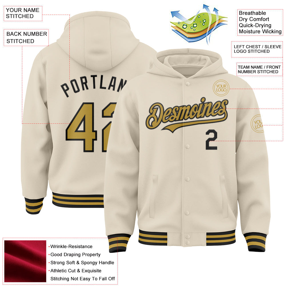 Custom Cream Old Gold-Black Bomber Full-Snap Varsity Letterman Hoodie Jacket view 3