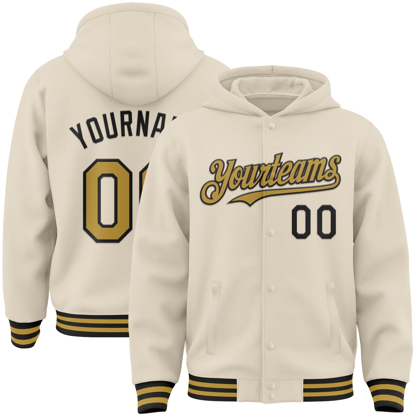 Custom Cream Old Gold-Black Bomber Full-Snap Varsity Letterman Hoodie Jacket - Main View