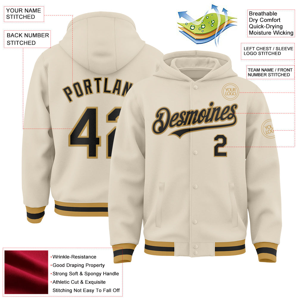 Custom Cream Black-Old Gold Bomber Full-Snap Varsity Letterman Hoodie Jacket view 3