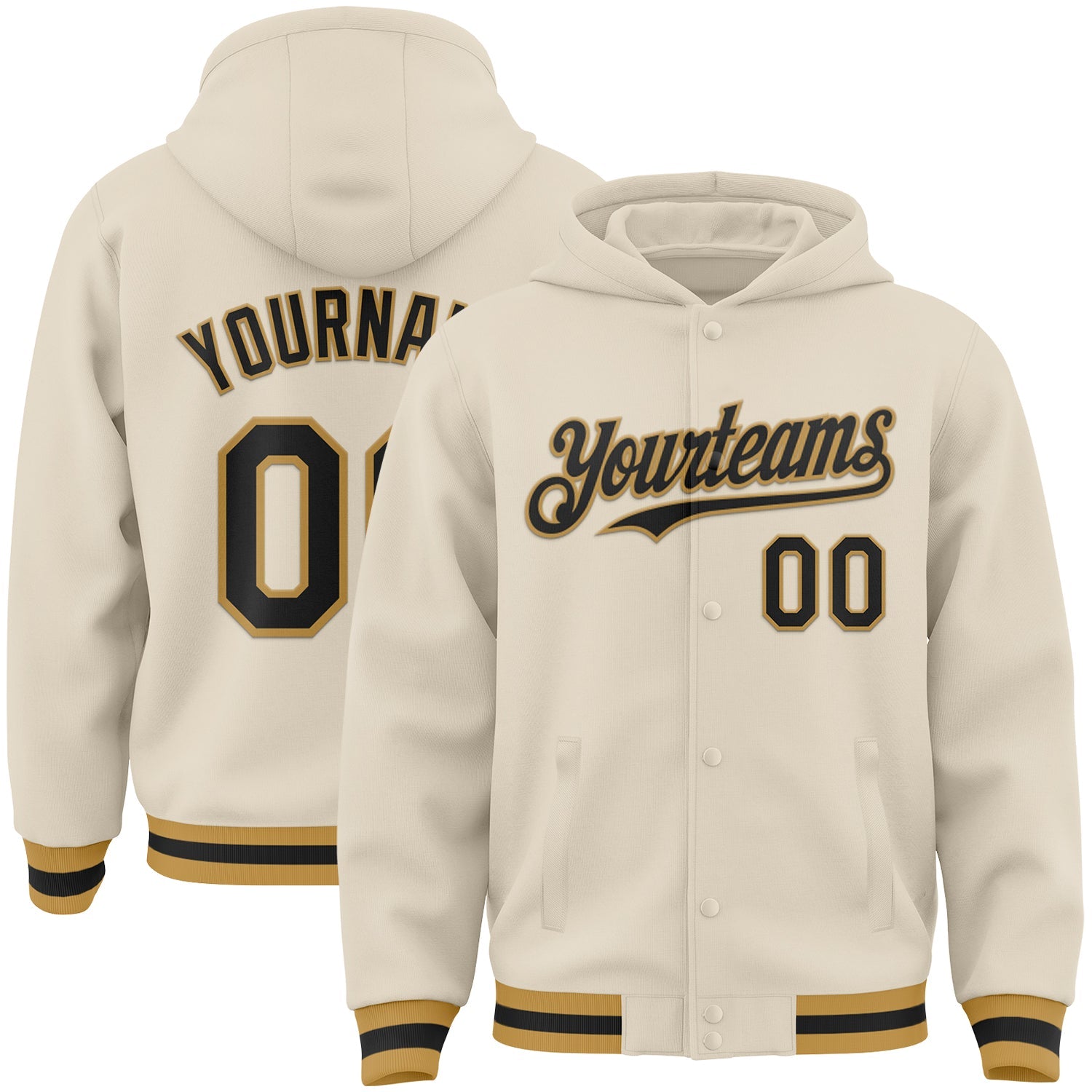 Custom Cream Black-Old Gold Bomber Full-Snap Varsity Letterman Hoodie Jacket - Main View