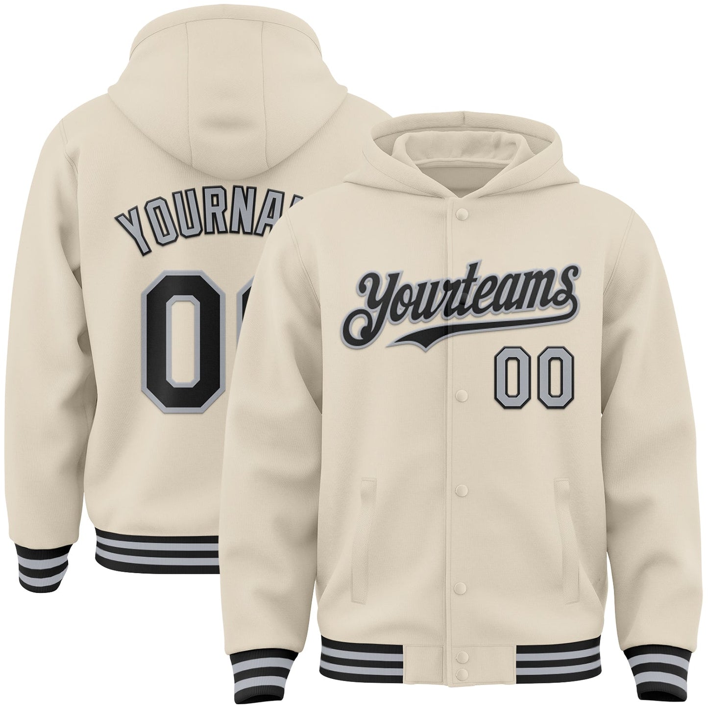 Custom Cream Black-Gray Bomber Full-Snap Varsity Letterman Hoodie Jacket - Main View