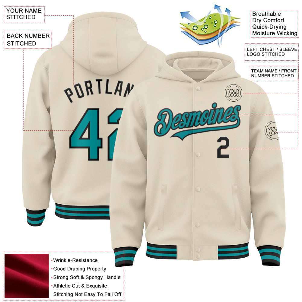 Custom Cream Teal-Black Bomber Full-Snap Varsity Letterman Hoodie Jacket view 3